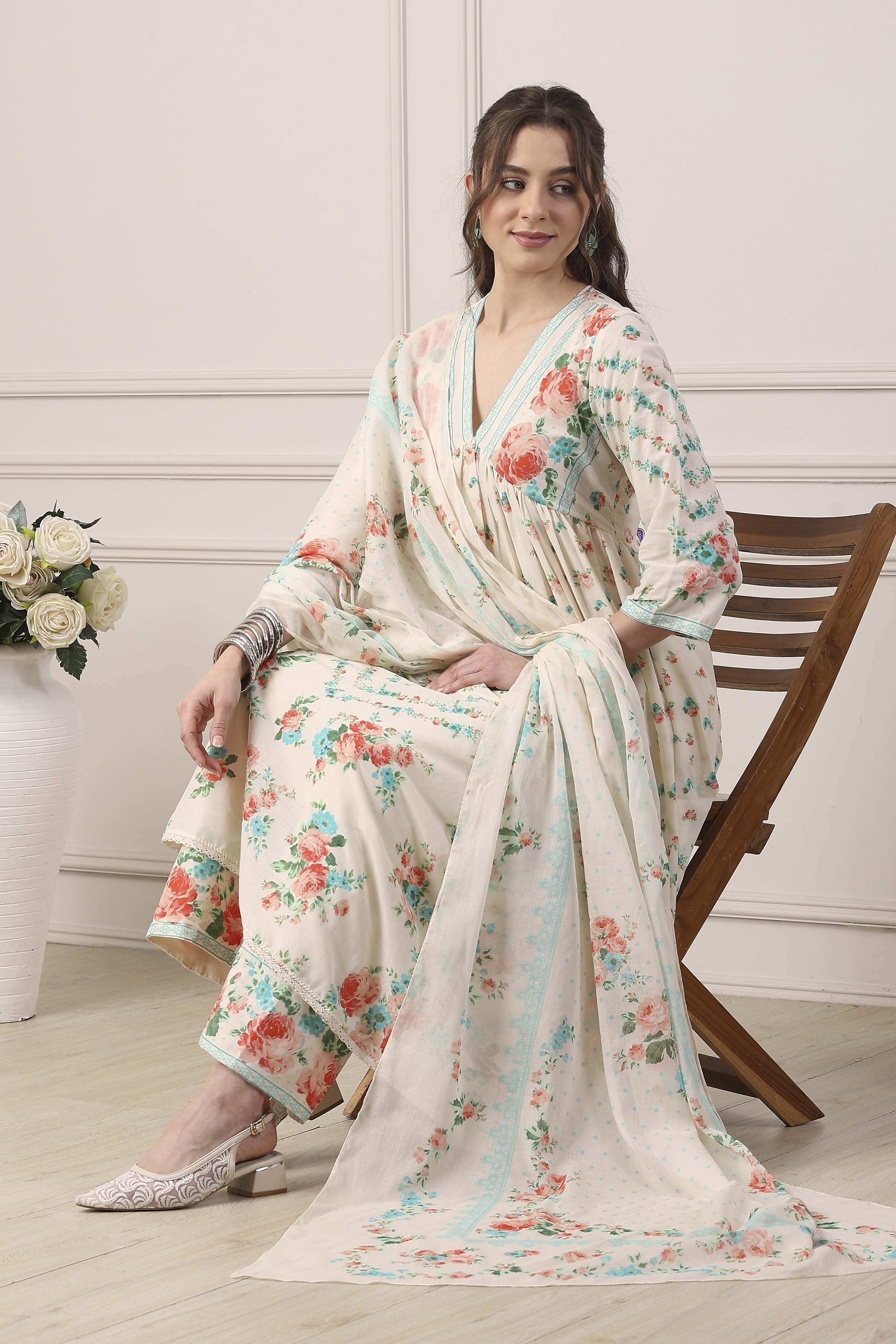 White Cotton Anarkali Suit Set image number 0