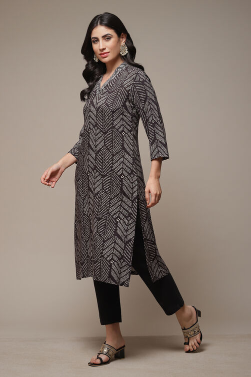 Black LIVA Straight Printed Kurta image number 3