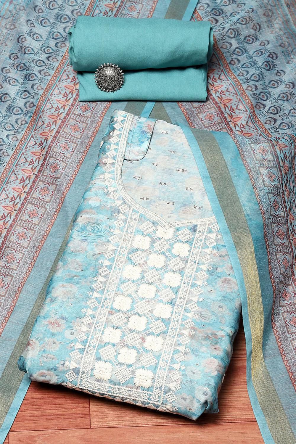 Blue Chanderi Unstitched Suit Set image number 0