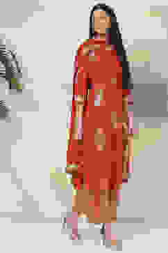 Red Straight Cotton Straight Kurta Palazzo Suit Set image number 5