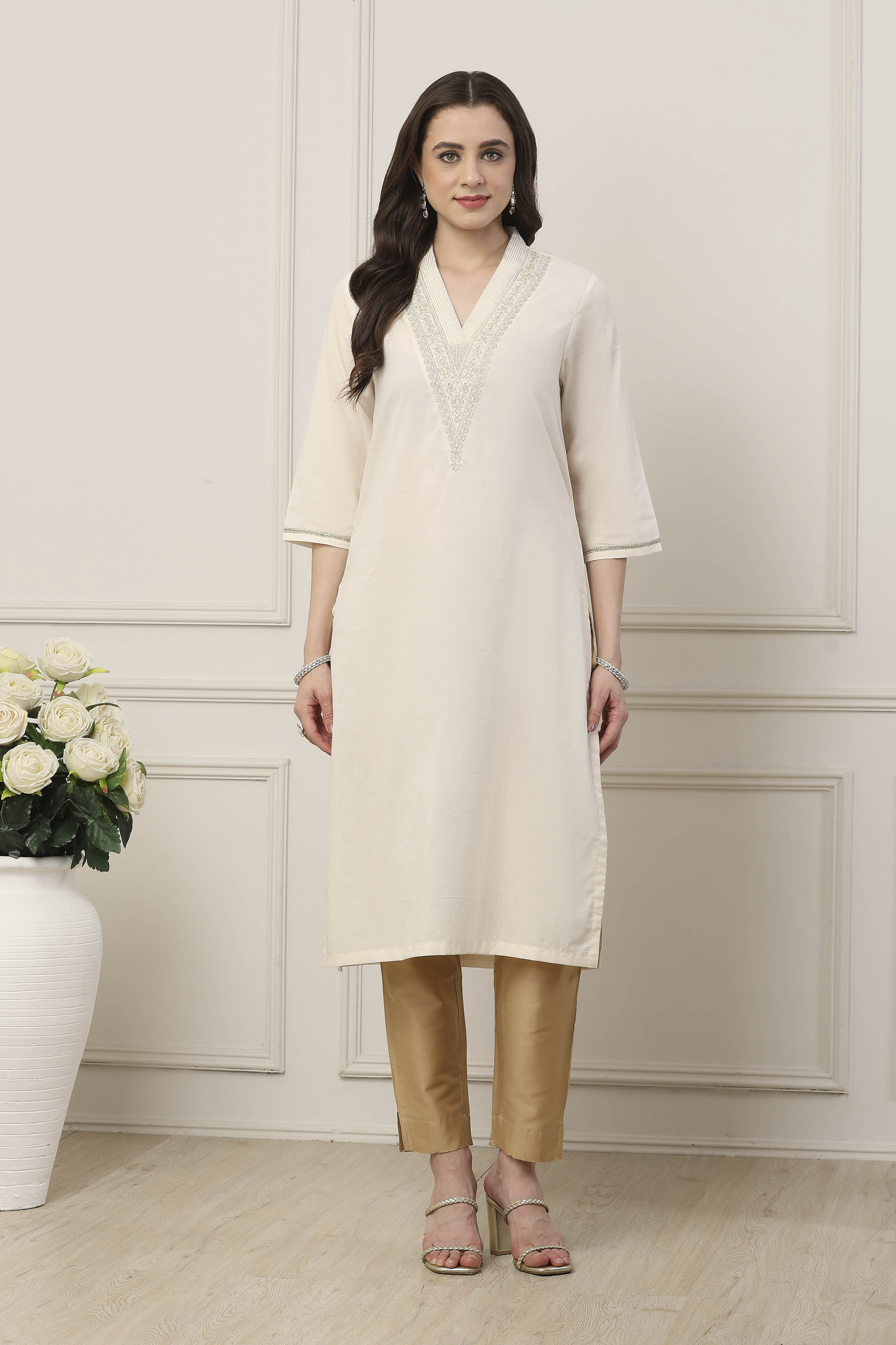 Orange Cotton Straight Kurta image number 5