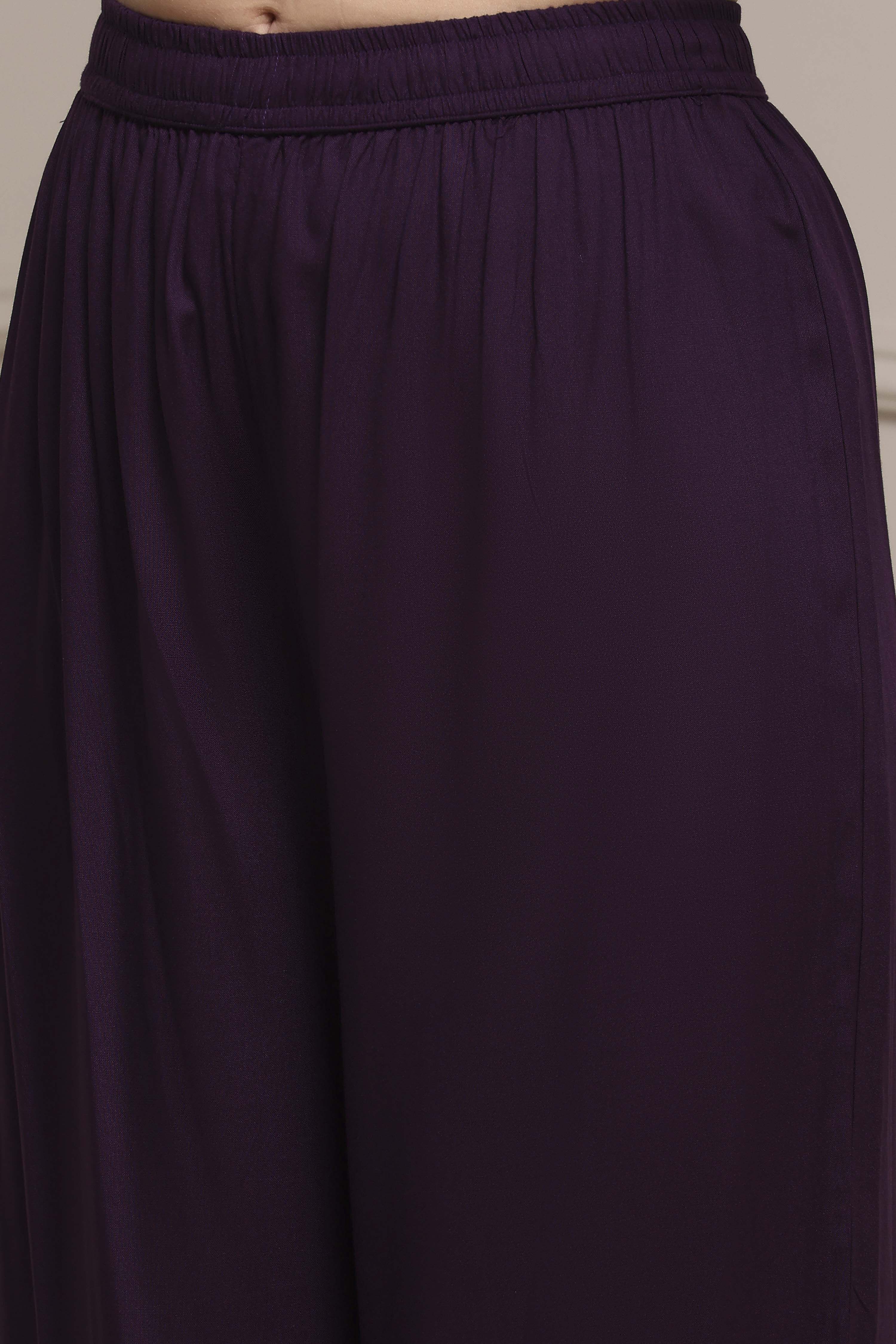 Purple Viscose Blend Straight Printed Suit Set image number 2