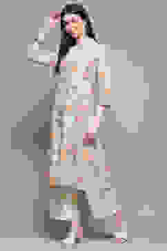 Turquoise Blue Floral Printed Straight Kurta image number 3