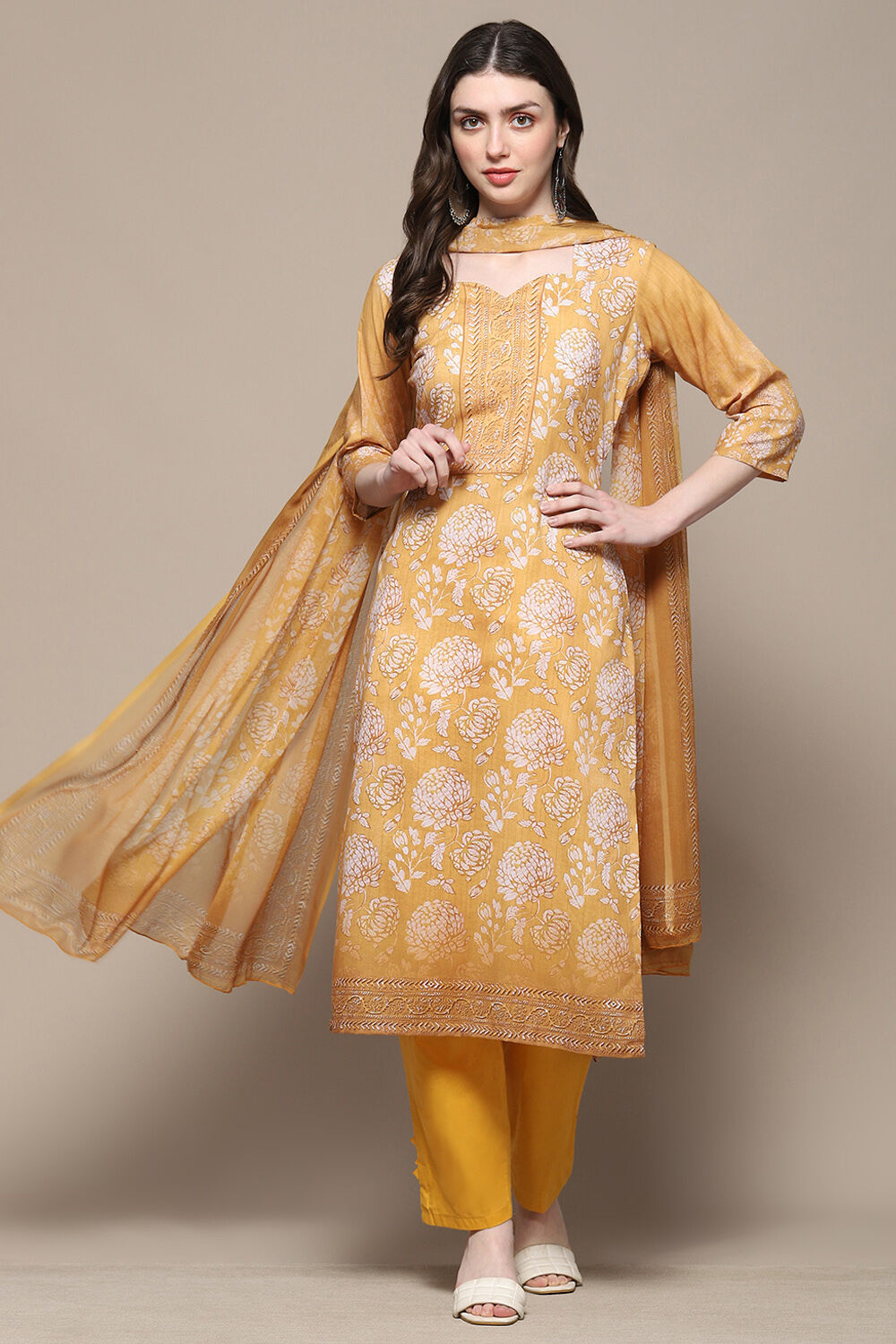 Mustard Cotton Blend Digital Print Unstitched Suit Set image number 1