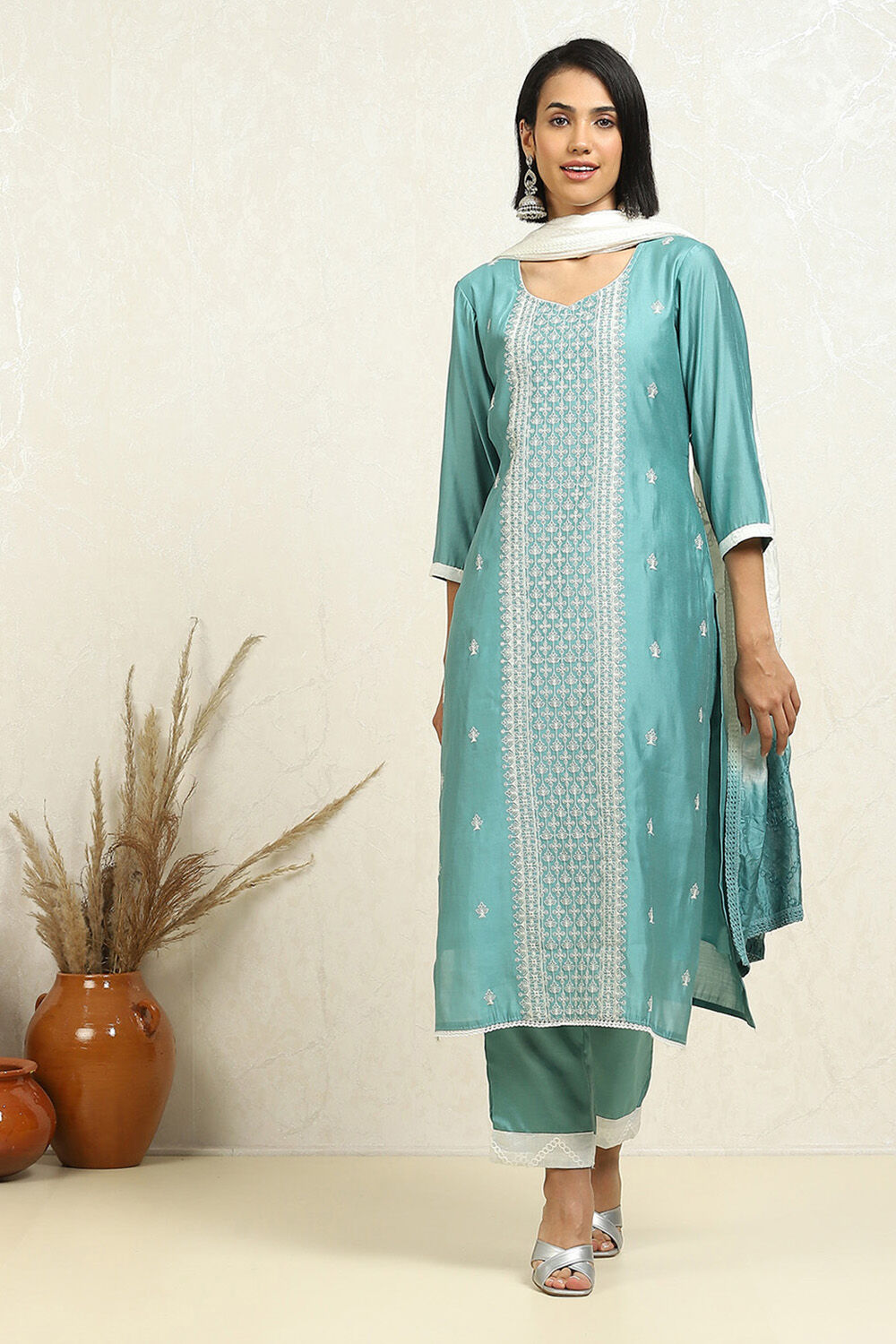 Grey Silk Blend Machine Embroidered Unstitched Suit Set image number 7