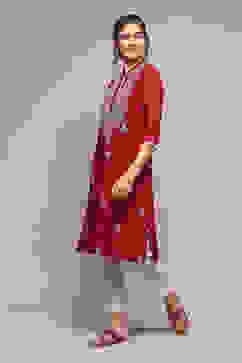 Green & Maroon Polyester Straight Yarndyed Kurta image number 2