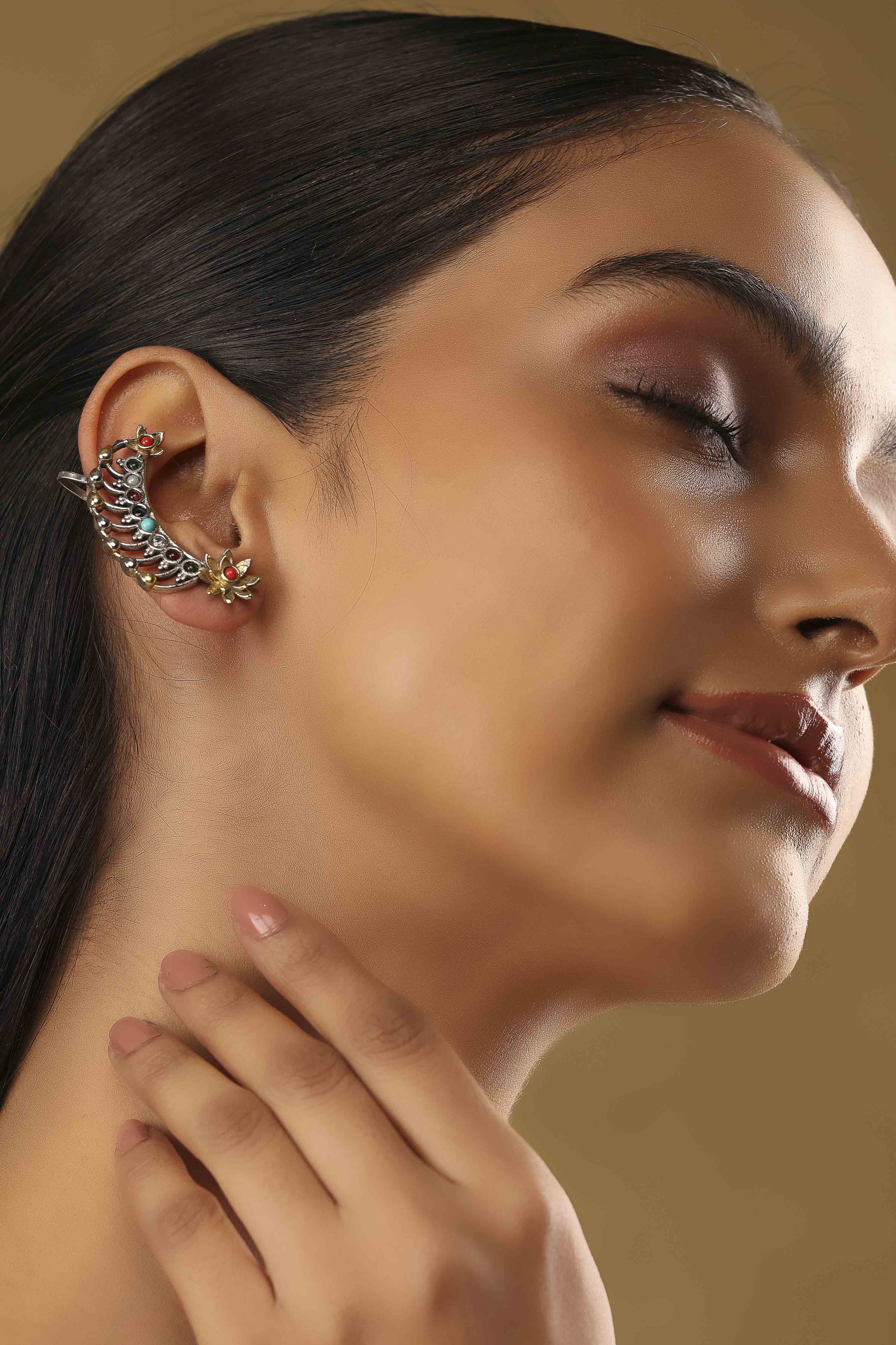 Multicolour Brass Stone Studded Earcuffs image number 3