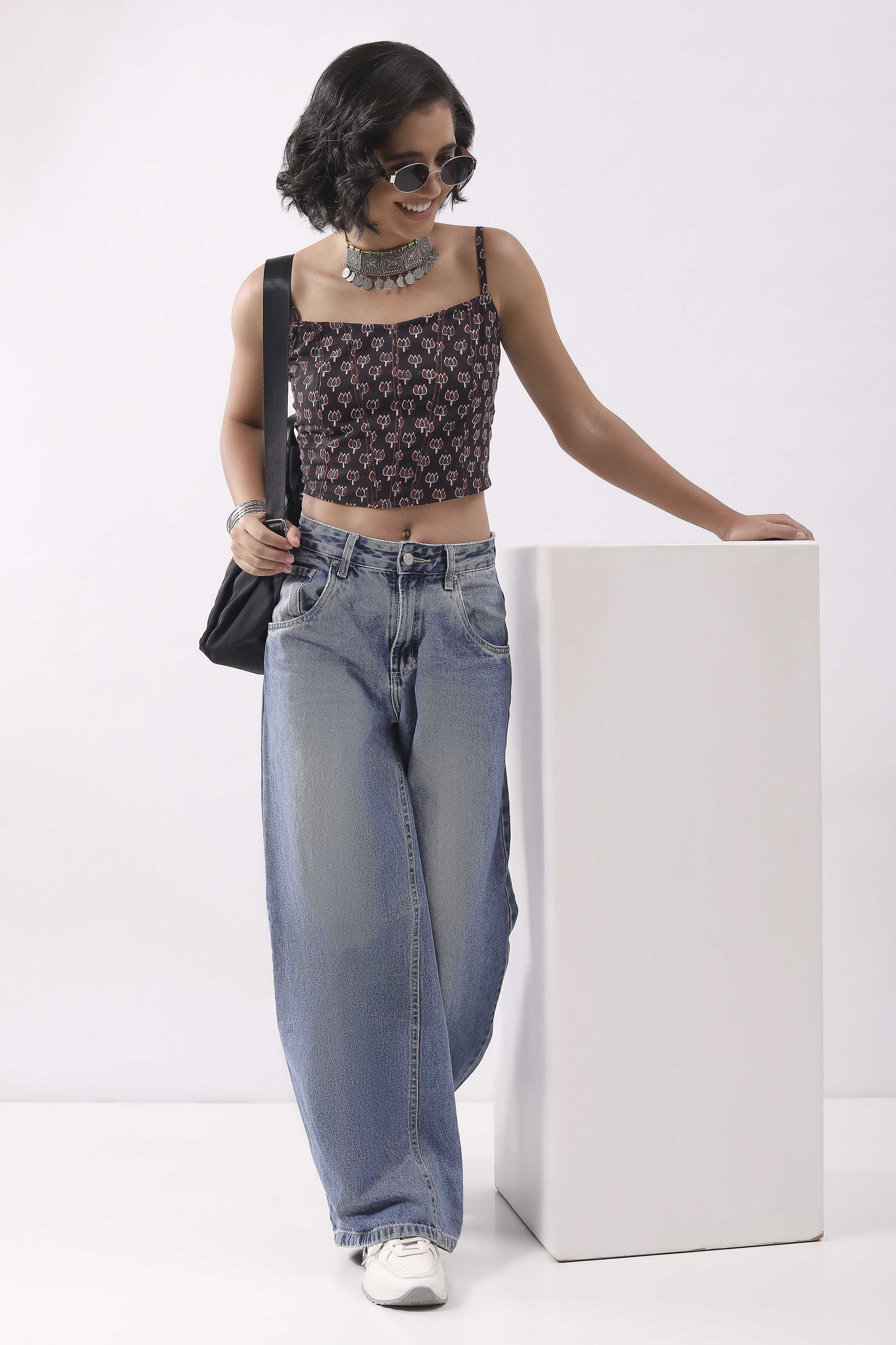 Blue & Black Cotton Printed Straight Top image number 0