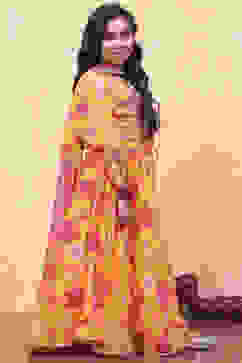Yellow and Pink Georgette Floral Flared Lehenga Set image number 5