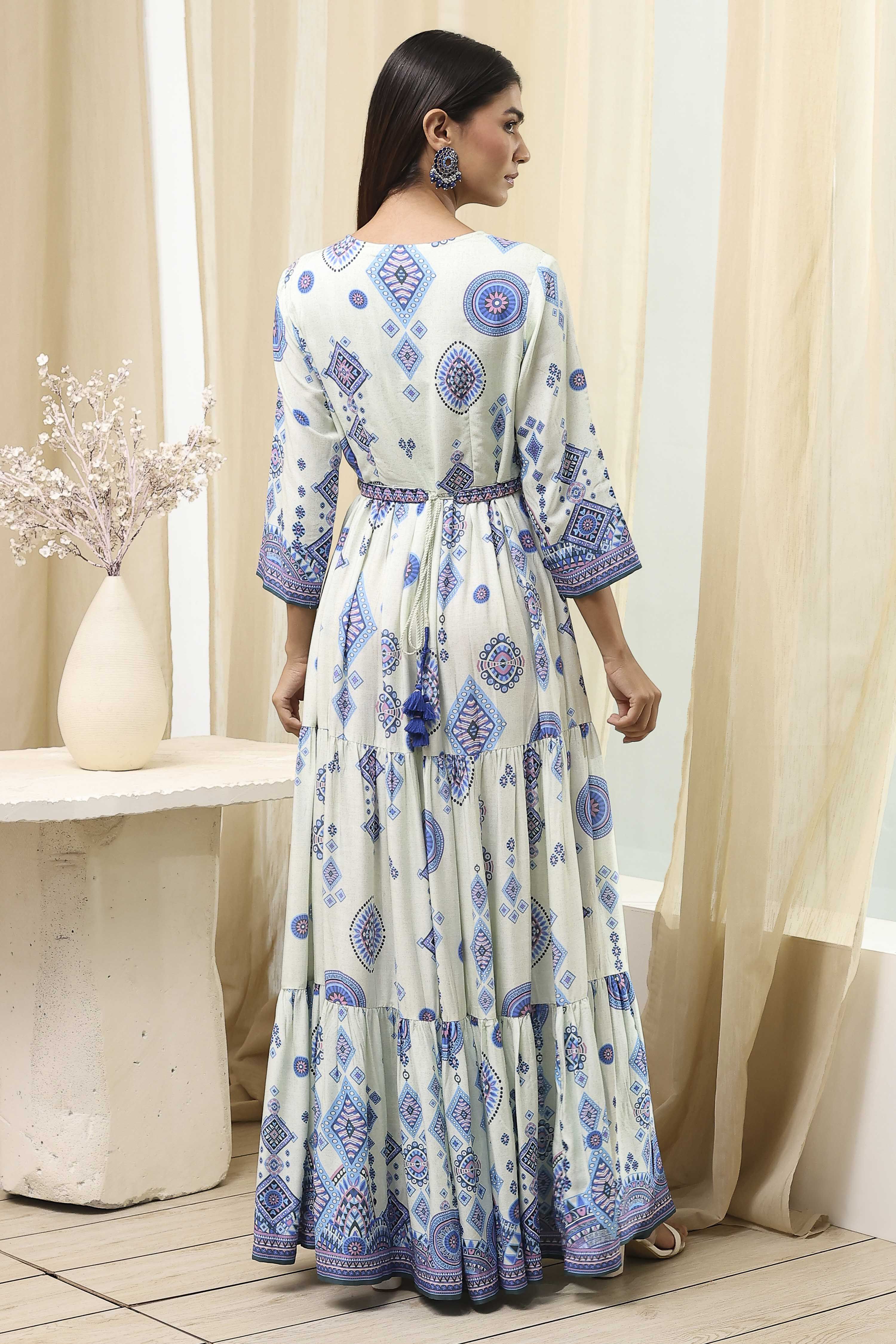 Ecru and Blue Printed Tiered Dress image number 3
