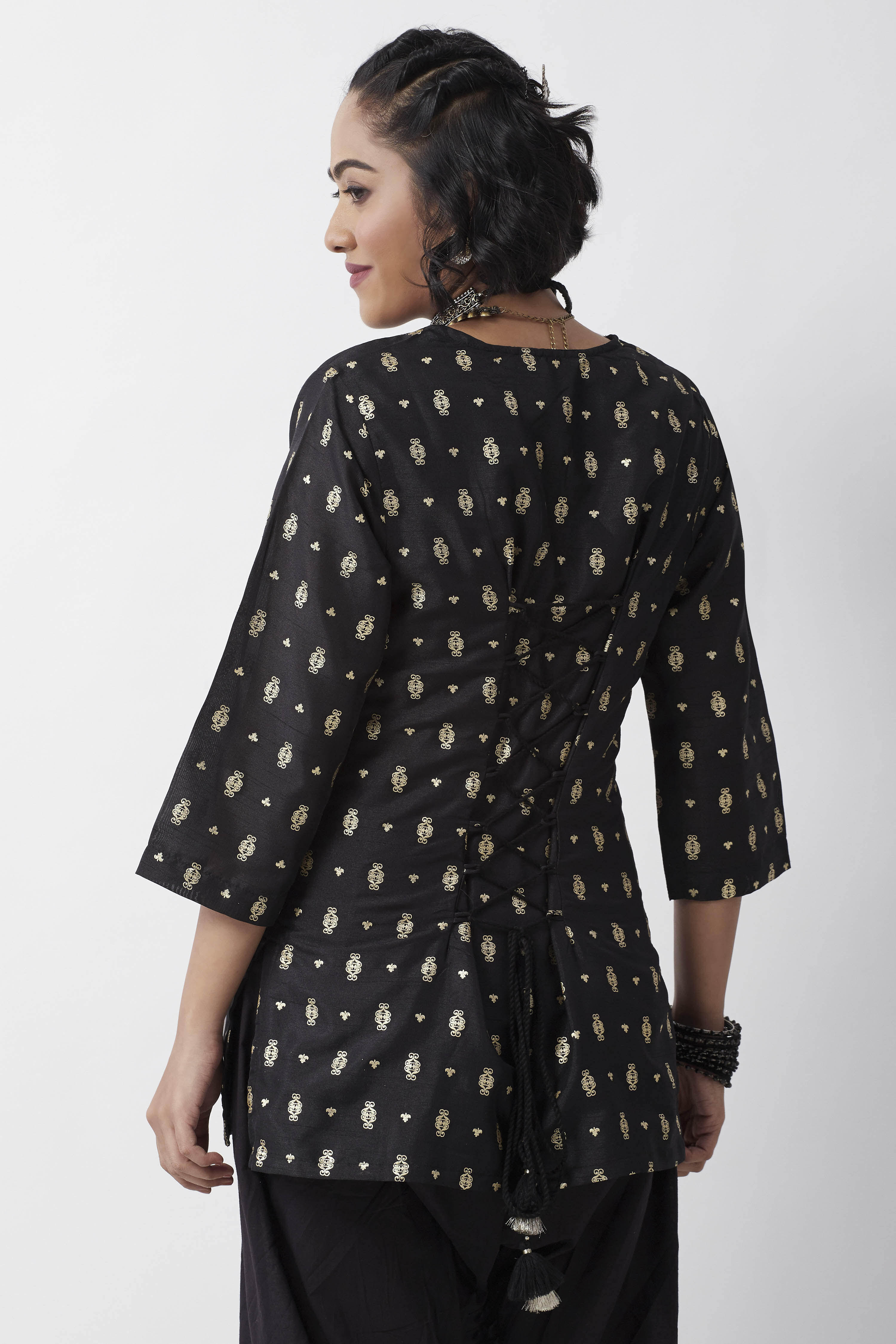 Black Cotton Gold Motif Printed Short Kurti image number 5