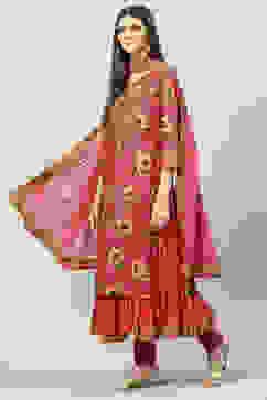 Onion Pink Cotton Layered Kurta Churidar Suit Set image number 6