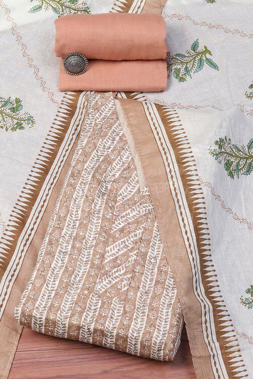 Beige Cotton Printed Unstitched Suit Set image number 0