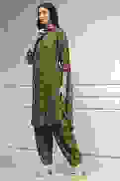 Olive Green Printed Straight Suit Set image number 3