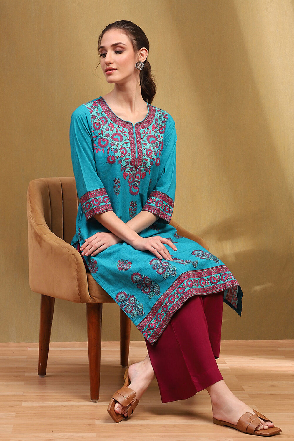 Red Cotton Printed Straight Kurta image number 0