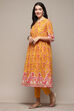 Yellow Cambric Flared Kurta Pant Suit Set image number 3