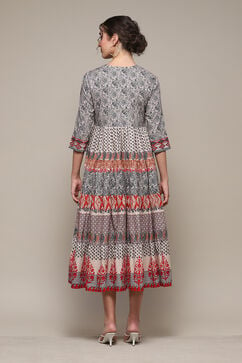 Grey Cotton Tiered Printed Dress image number 4