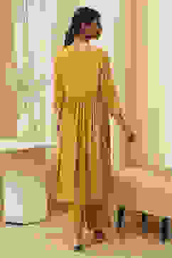 Ochre Yellow Viscose Embellished Gathered Suit Set image number 4