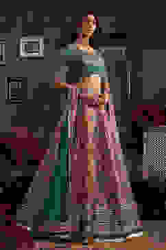 Turquoise Hand Embroidered Flared Lehenga Set image number 5