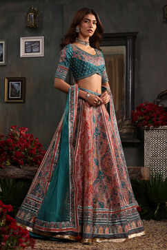 Turquoise Hand Embroidered Flared Lehenga Set image number 5