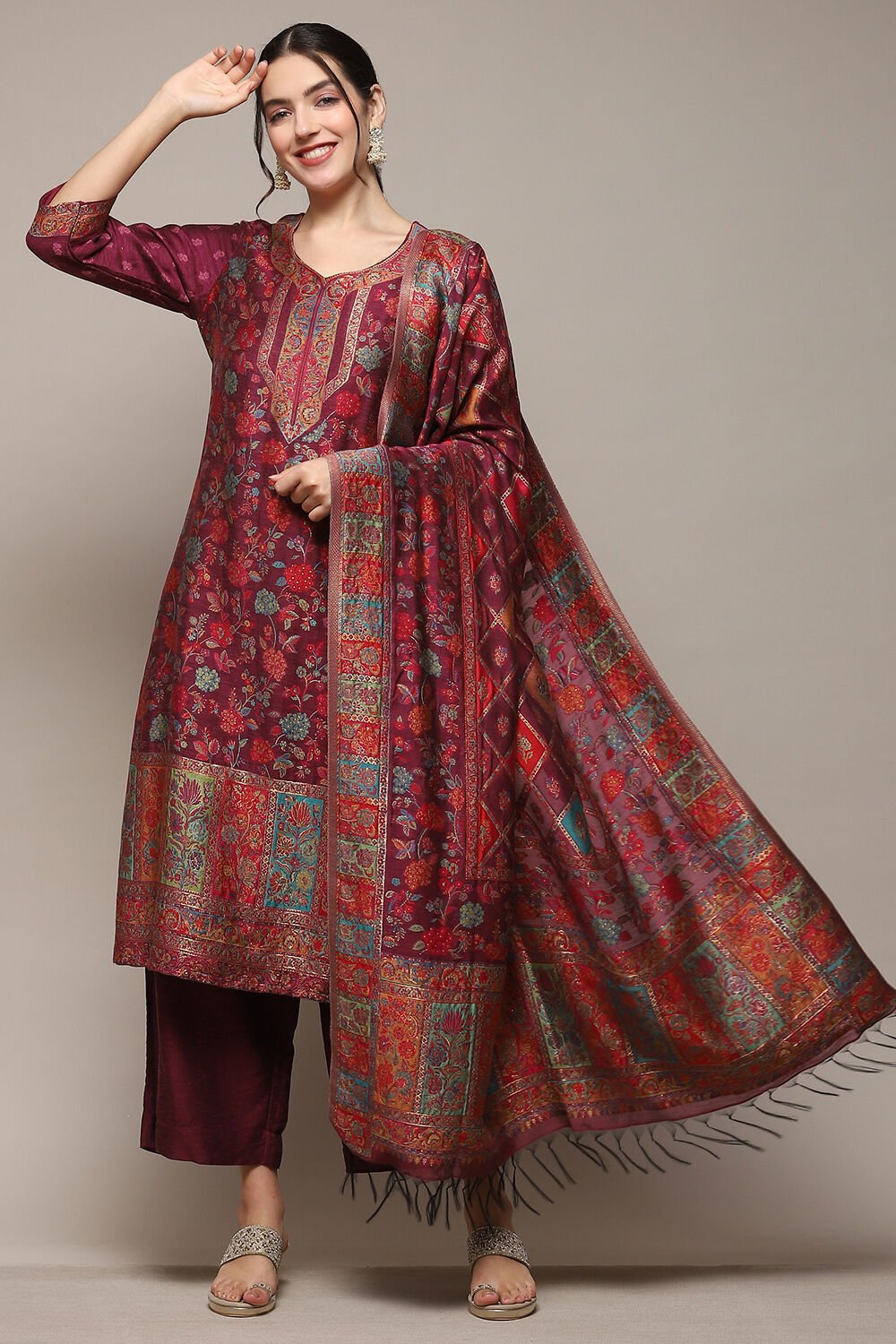 Wine Cotton Straight Yarndyed Kurta Palazzo Suit Set