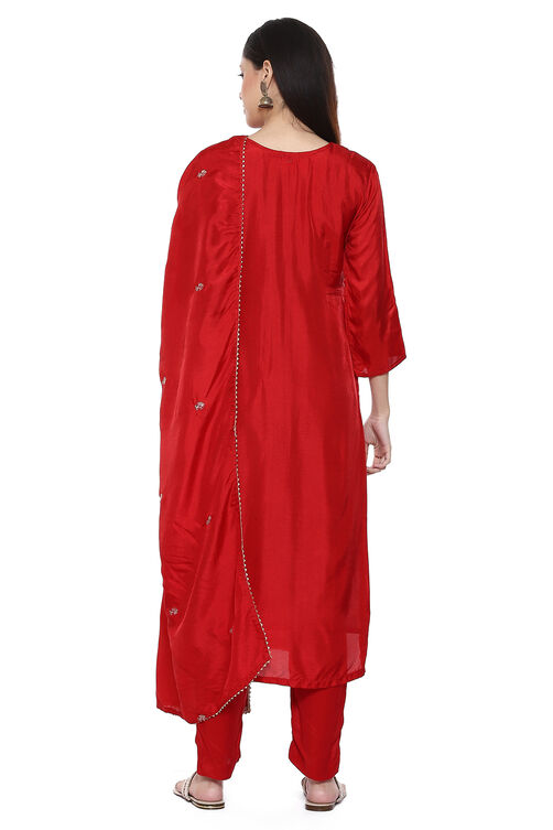 Red Banarasi Silk Machine Embroidered Unstitched Suit Set image number 4