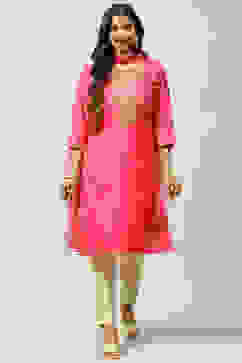 Fuschia Cotton Straight Kurta Pant Suit Set image number 0