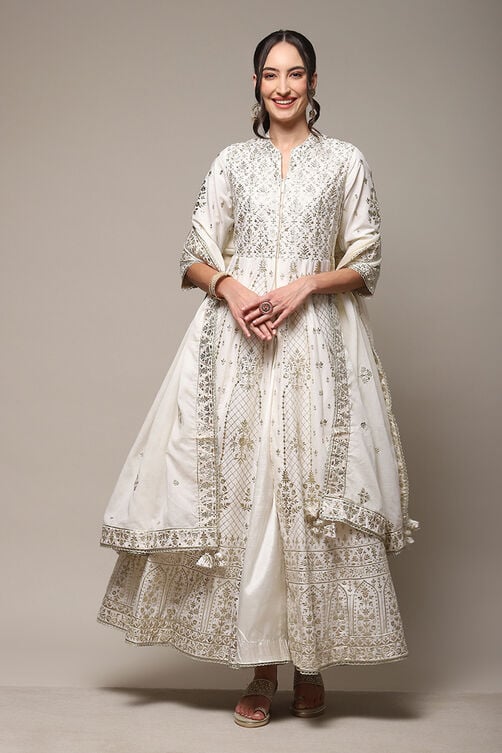 Ivory Cotton Anarkali Kurta Sharara Suit Set image number 7