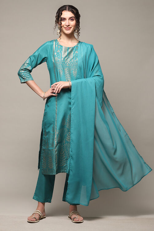 Teal Viscose Straight Kurta Regular Pants Suit Set image number 0