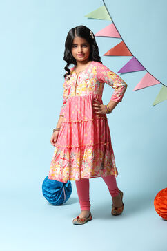 Pink Rayon Flared Printed Kurta Set image number 3