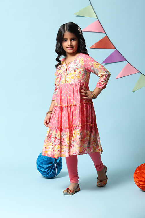 Pink Rayon Flared Printed Kurta Set image number 3