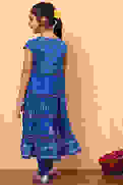 Blue Cotton Printed Tiered Festive Flared Suit Set image number 5