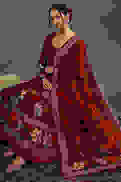 Rohit Bal Maroon Silk Chanderi Floral Anarkali Suit Set image number 0