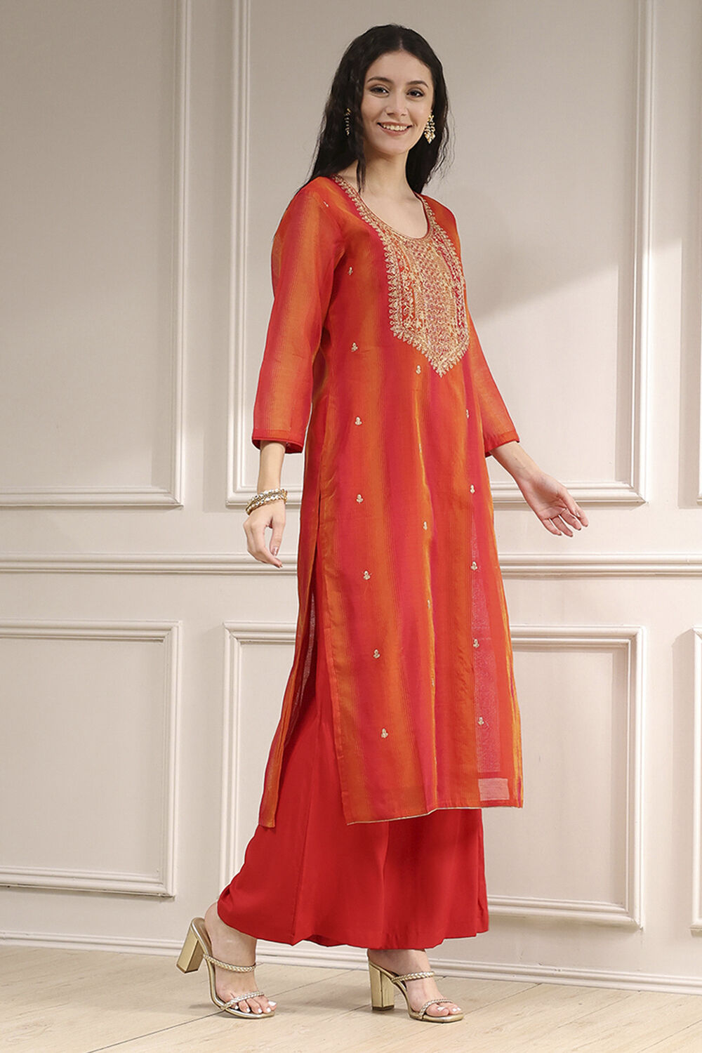 Red Chanderi Machine Embroidered Unstitched Suit Set image number 6
