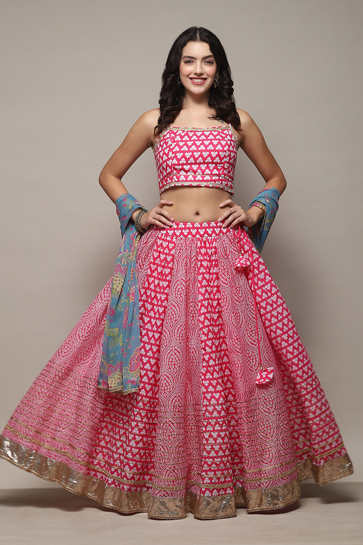 Pink Poly Cotton Straight Kurta Lehenga Set