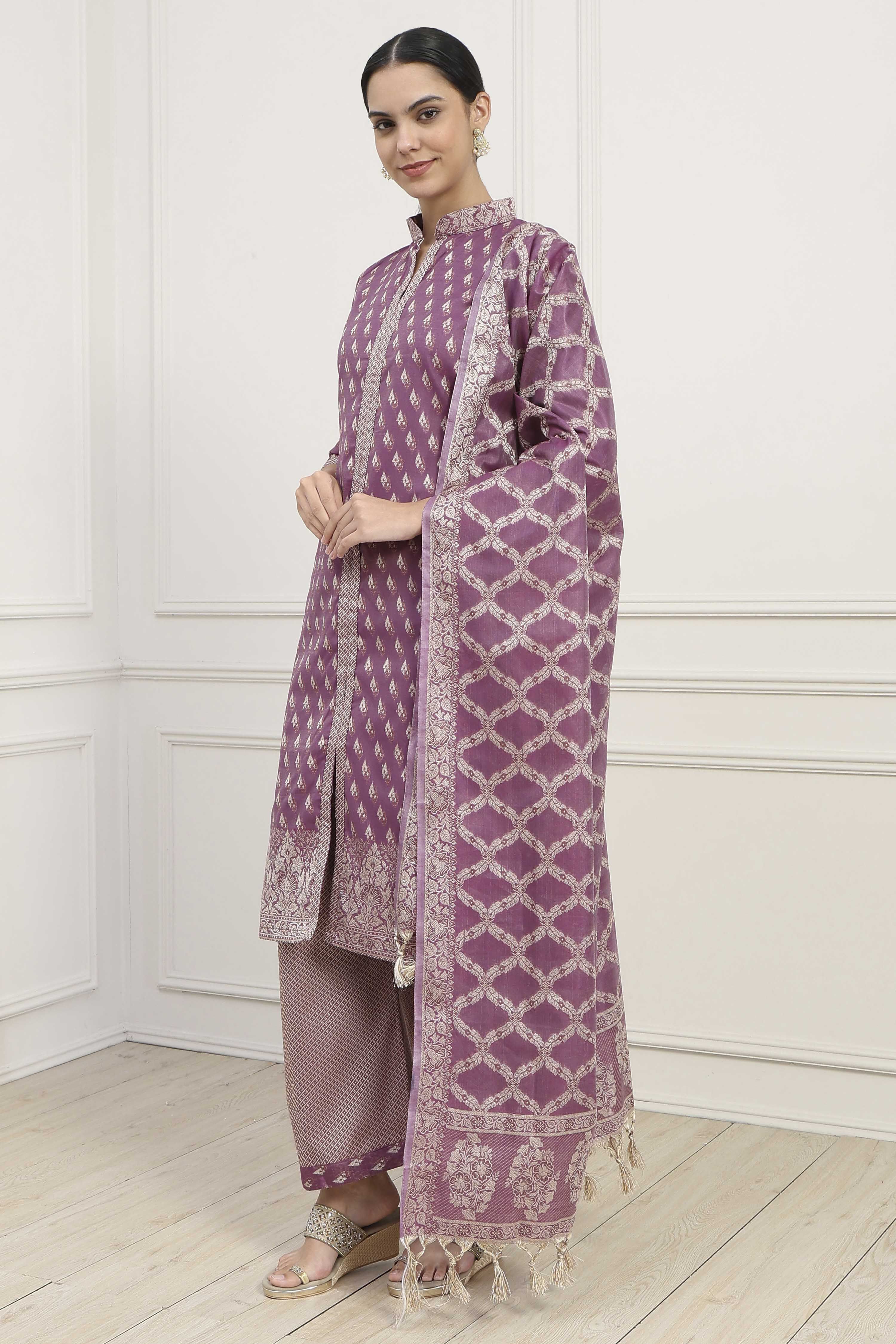 Mustard Chanderi Blend Brocade Unstitched Suit Set image number 4