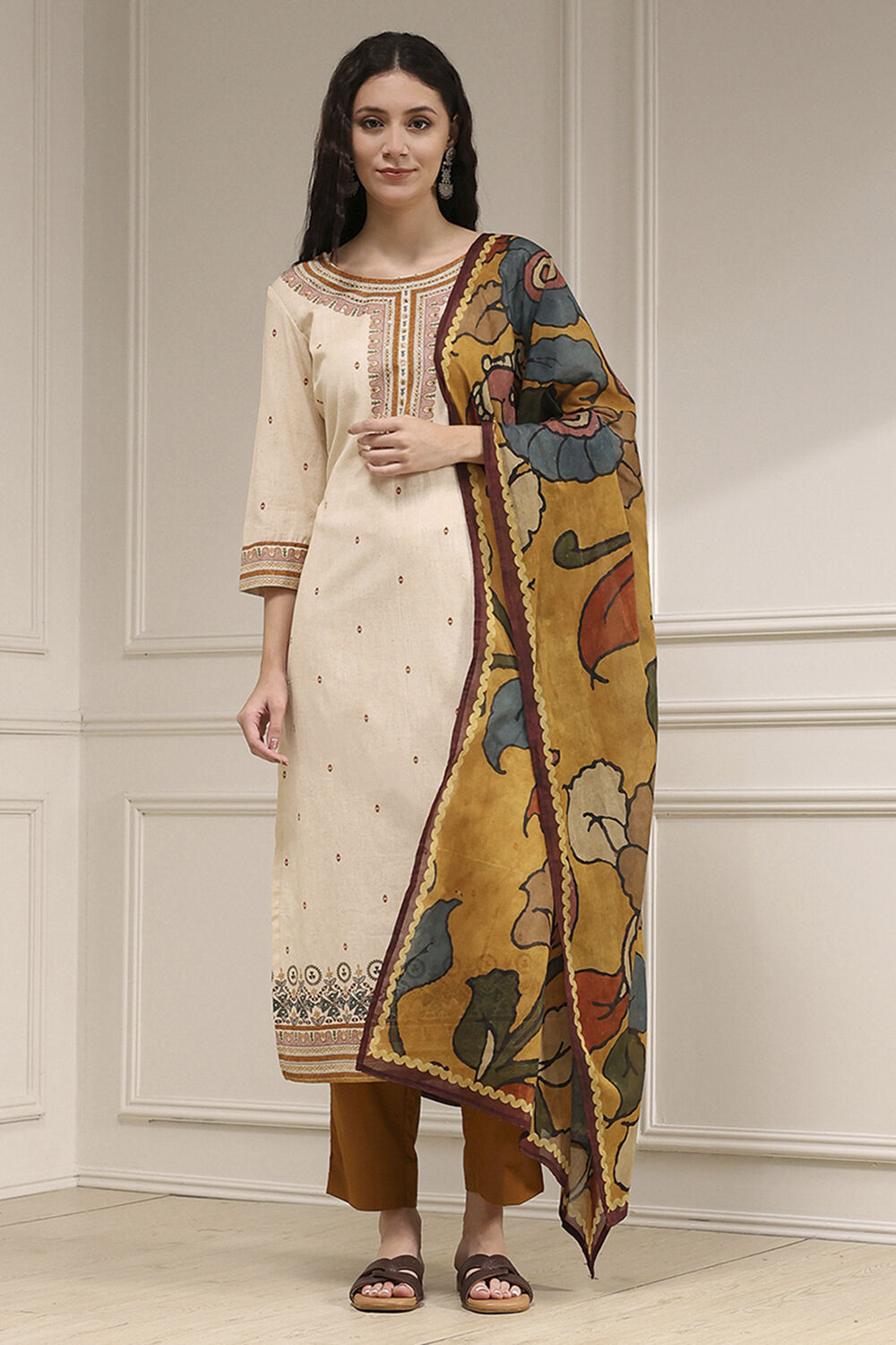 White Cotton Hand Block Print Unstitched Suit Set image number 1