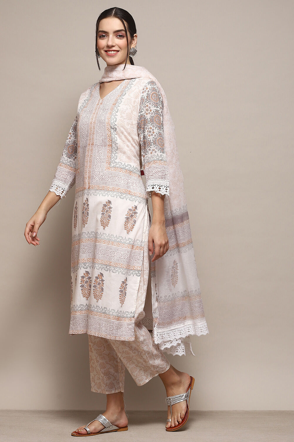 Beige Cotton Machine Embroidered Unstitched Suit Set image number 5