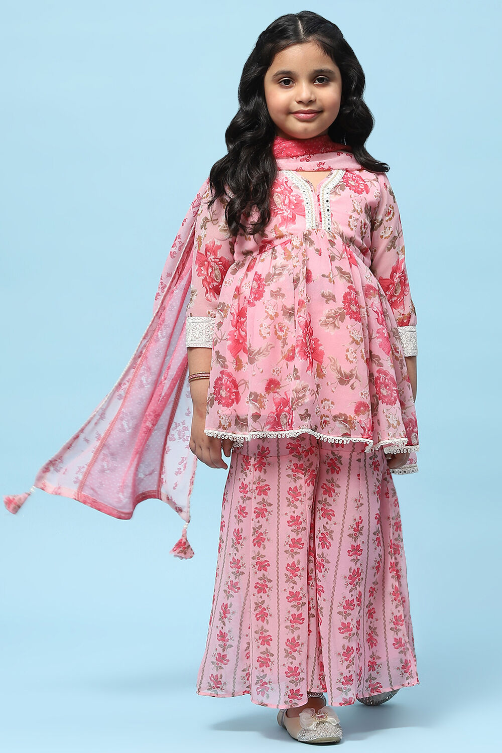 Pink Poly Georgette Floral Printed Peplum Suit Set image number 0