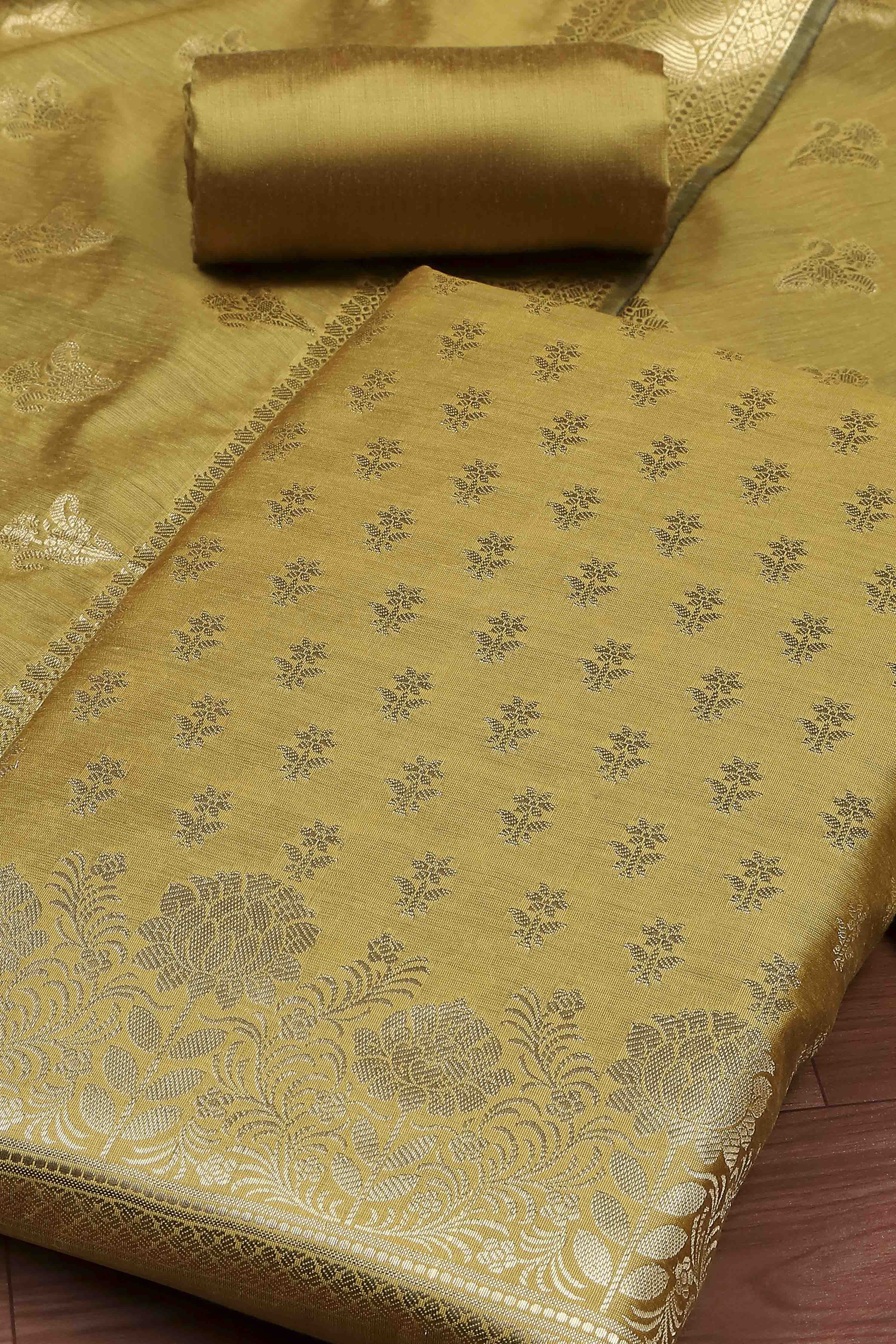 Yellow Banarasi Chanderi Banarasi Print Unstitched Suit Set image number 1