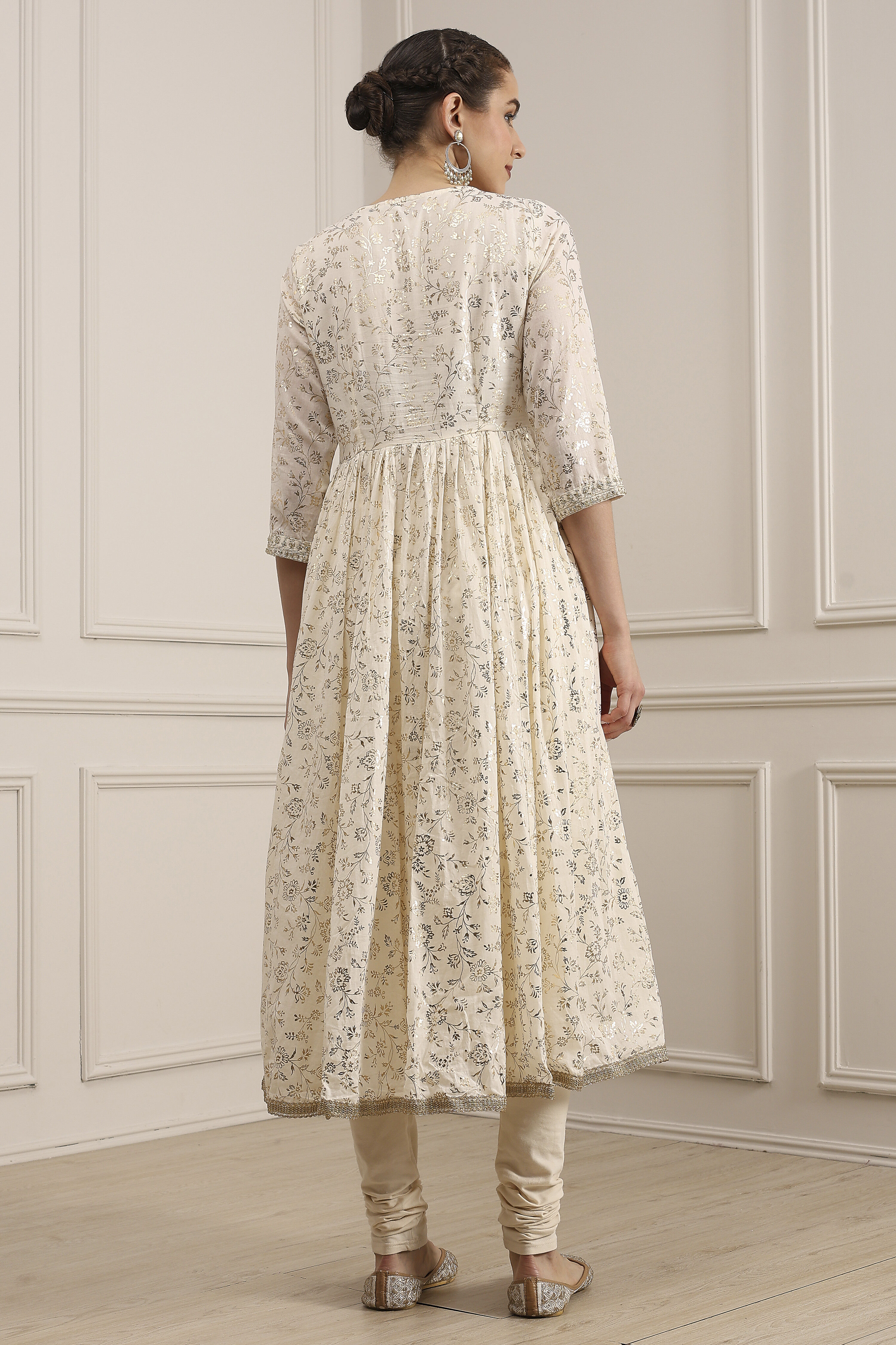 Off-White Cotton Foil Printed Anarkali Suit Set image number 4