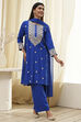 Blue Embroidered Straight Suit Set image number 6