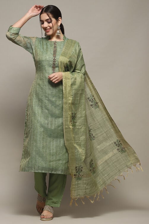 Earthy Yellow Chanderi Unstitched Suit set image number 1