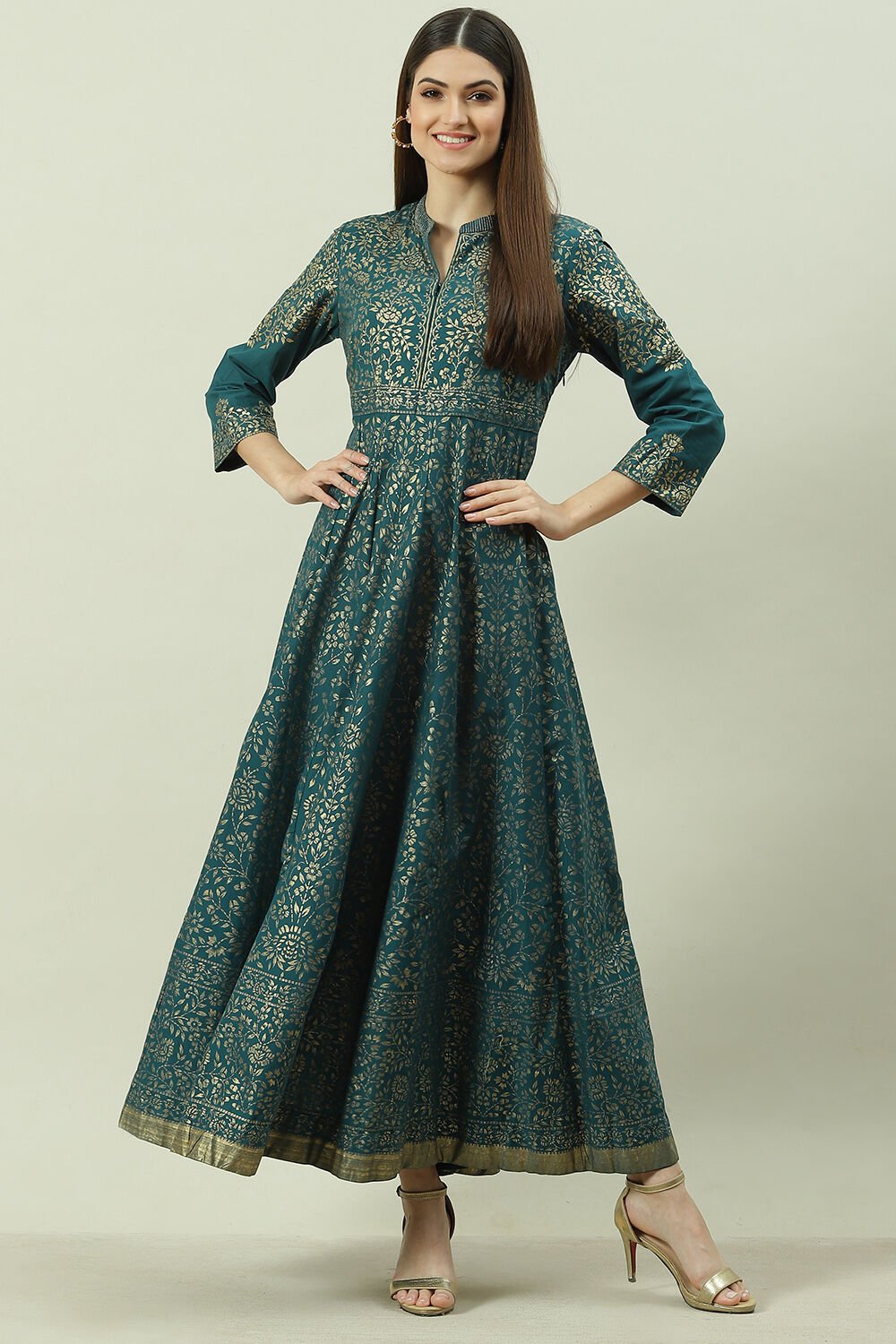 Teal Cotton Flared Printed Dress
