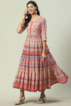 Cream Cotton Tiered Printed Dress image number 2