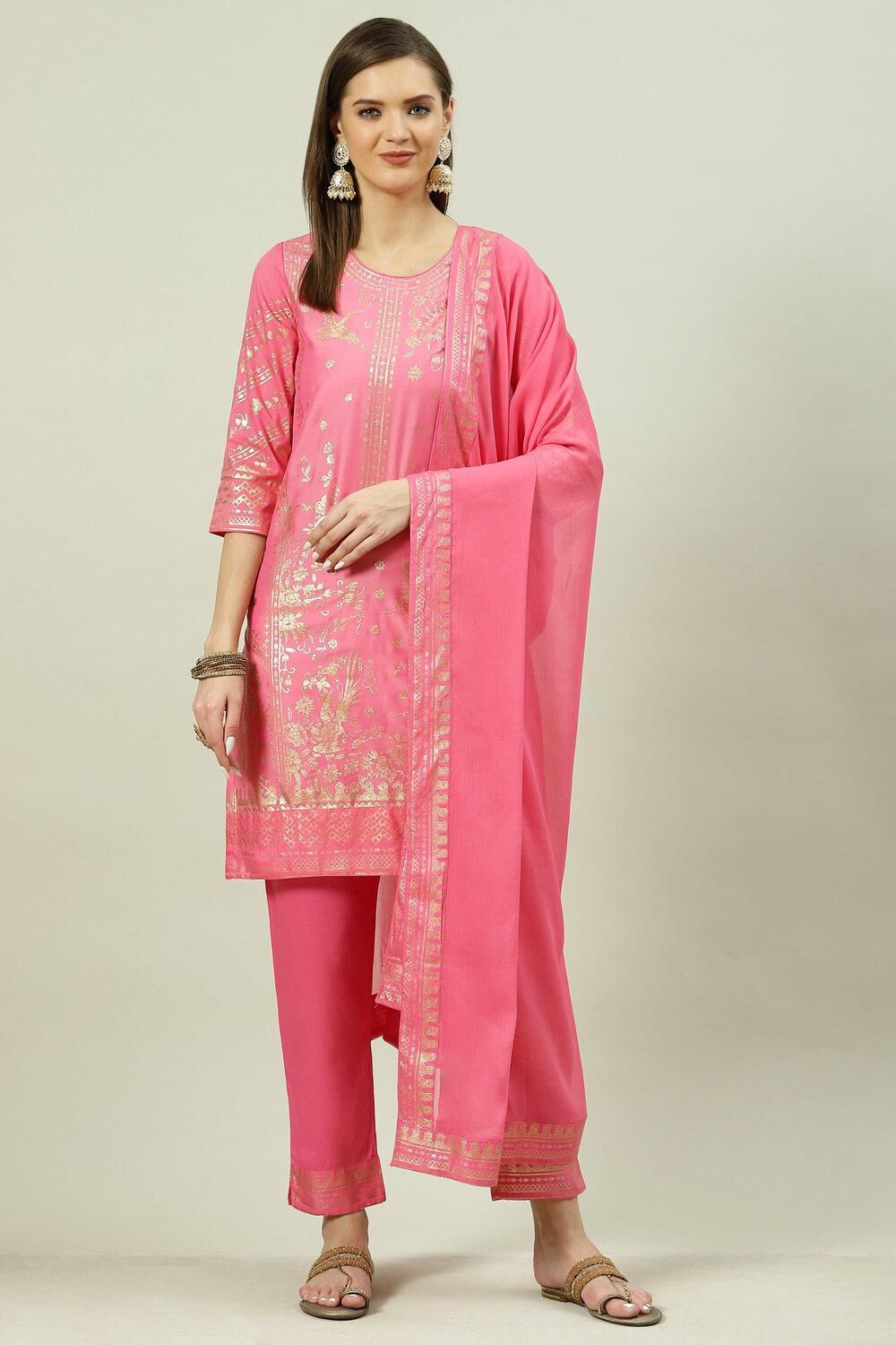 Pink Printed Straight Kurta Slim Pant Suit Set image number 7