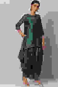 Teal Flared Cotton Silk Fusion Wear 2 Piece Set image number 3