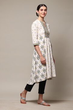 Yellow Cotton Blend A-Line Printed Kurta image number 3