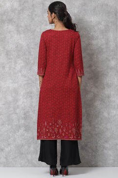Red Straight Poly Cotton Kurta image number 4