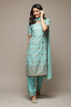 Turquoise Silk Straight Kurta Salwar Suit Set image number 7
